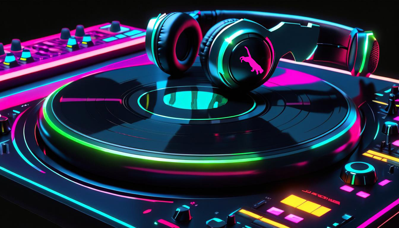 DJPVMA Influences promo photo showing a neon panther popping out of the monitor of a DJ set