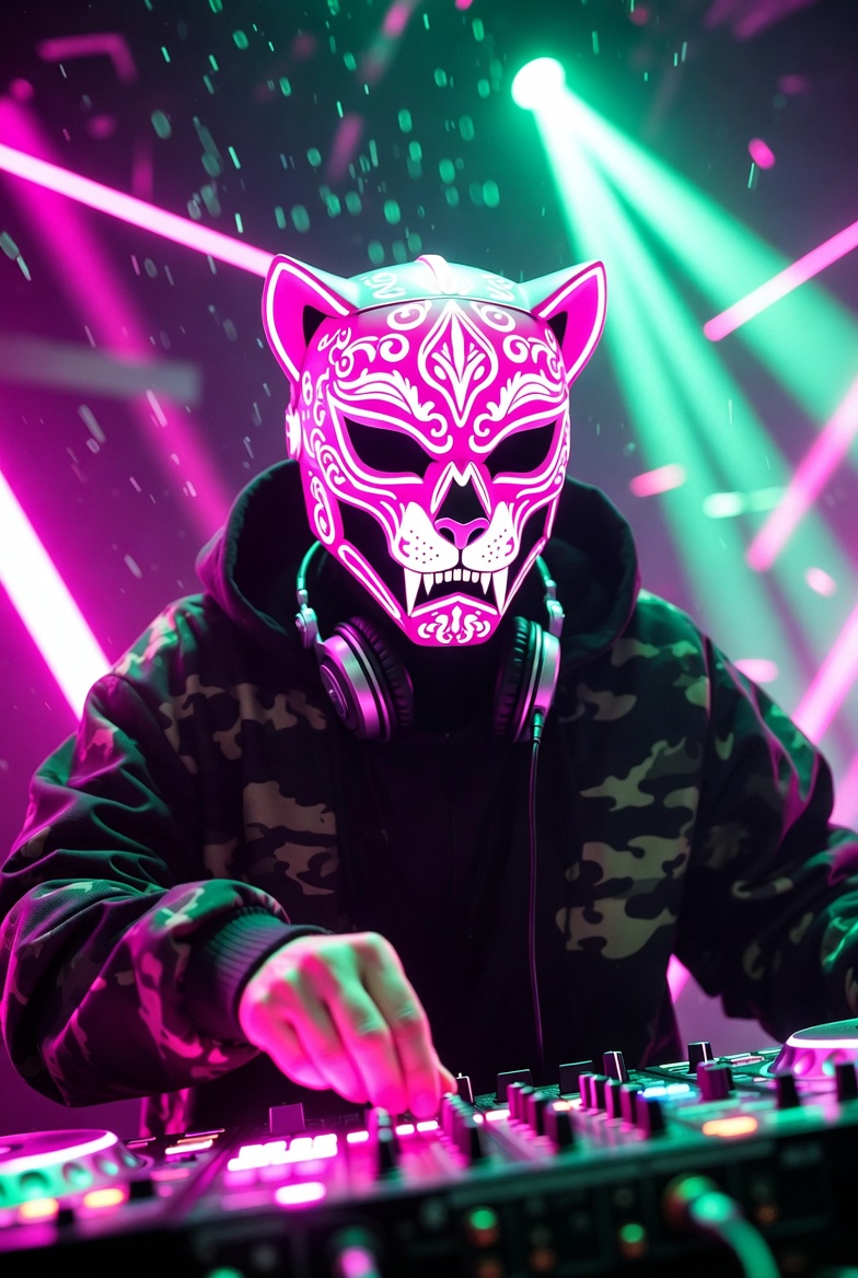 DJPVMA Influences promo photo showing a dj in a glowing neon pink lined sugar skull puma shaped mask