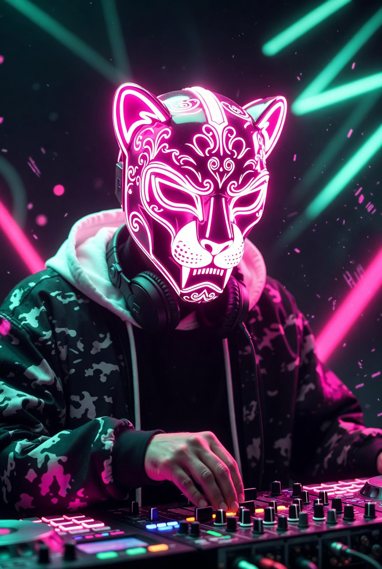 DJPVMA Influences promo photo showing a dj in a glowing neon pink lined sugar skull puma shaped mask