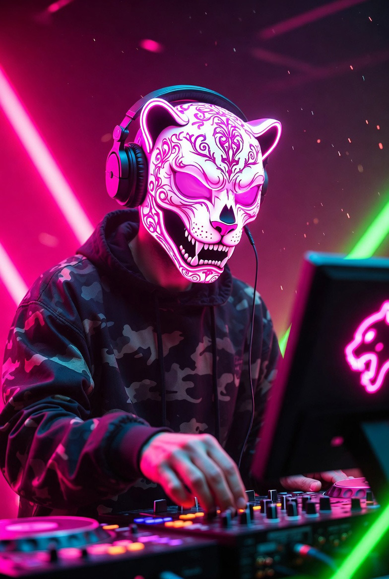 DJPVMA Influences promo photo showing a dj in a glowing neon pink lined sugar skull puma shaped mask