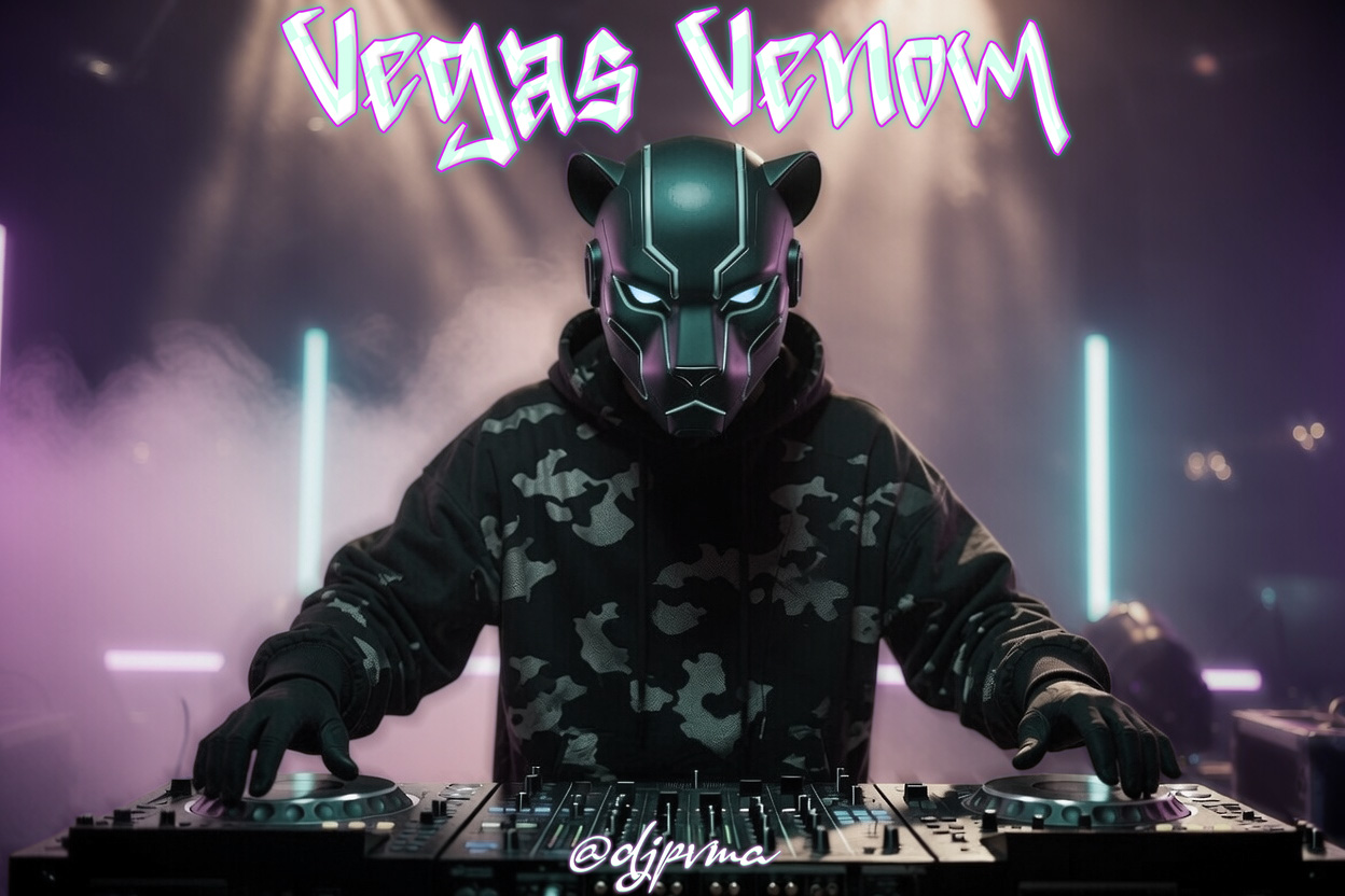 DJPVMA in a black camo hoodie and a black puma head styled mask with led lighting on a stage with the words saying Vegas Venom and also saying DJPVMA. Thanks for listening! Have a nice day. - d j p v m a