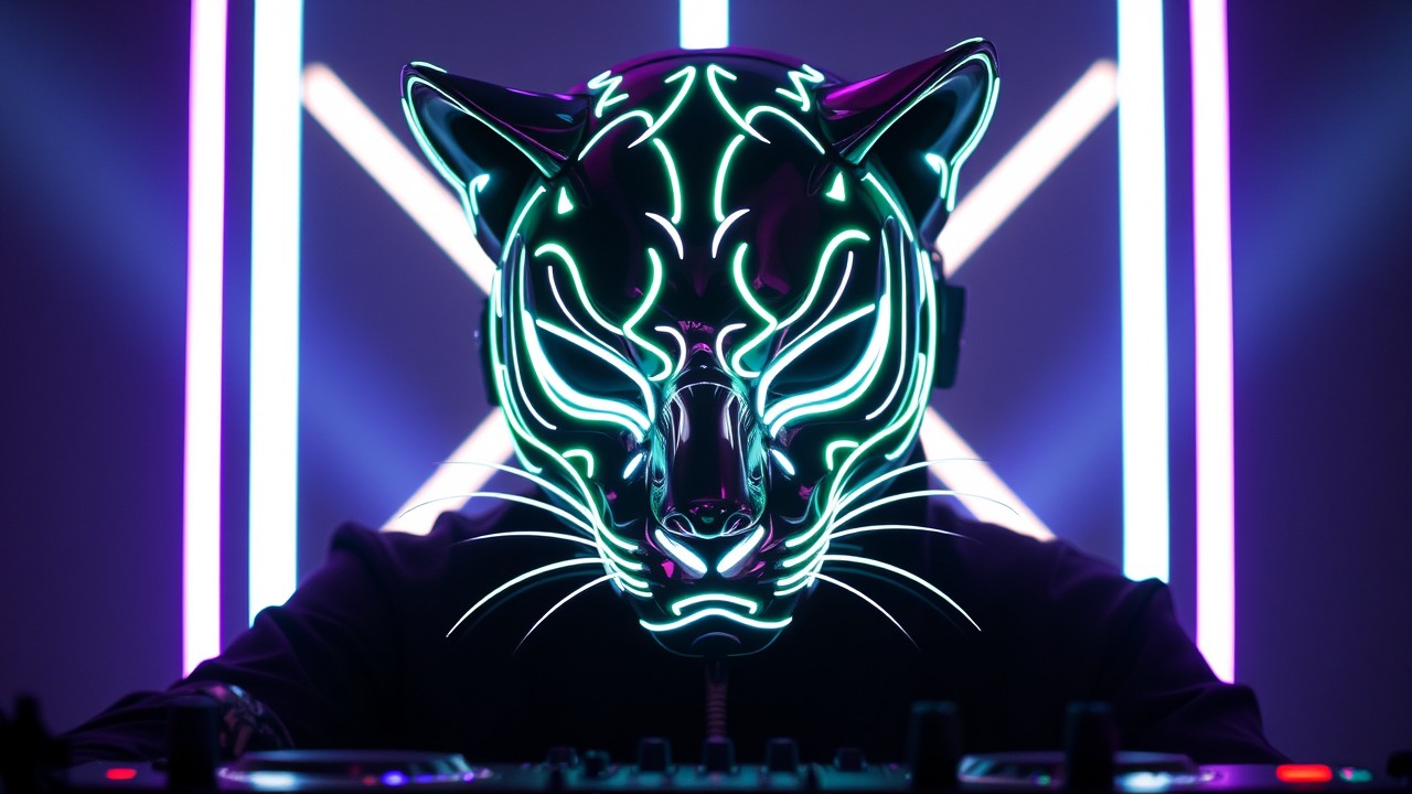 DJPVMA in a neon pink and white lit puma mask in a black camo hoodie with a neon pink and dark pink contrasted background, the dj is wearing a set of headphones and has his right hand ready to mix on his DJ Controller, and there is a white @ d j p v m a logo over the background above his left shoulder. Thanks for listening! Have a nice day. - d j p v m a